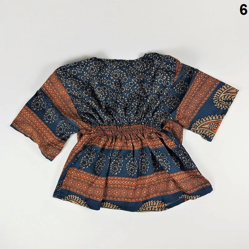 Selection of cropped summer tops with buttons in vintage saree fabrics for girls & young ladies