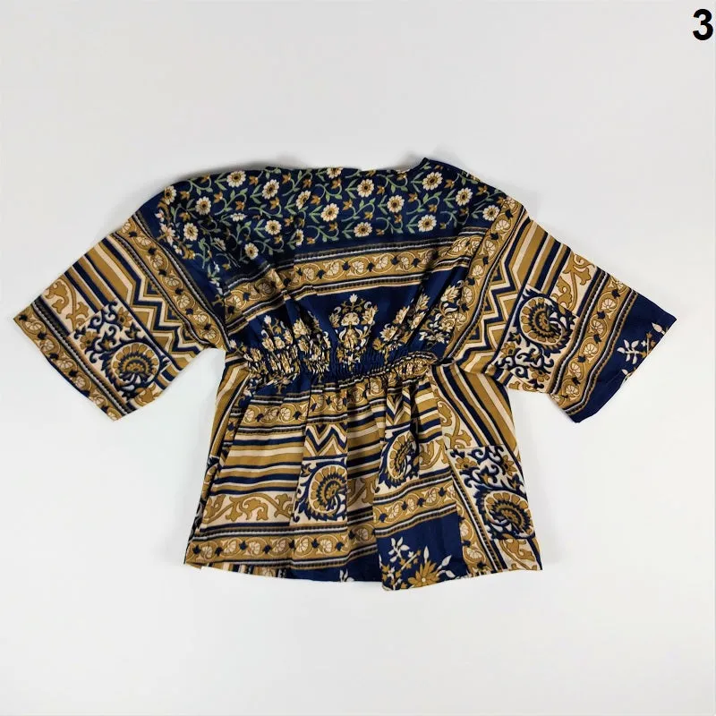 Selection of cropped summer tops with buttons in vintage saree fabrics for girls & young ladies