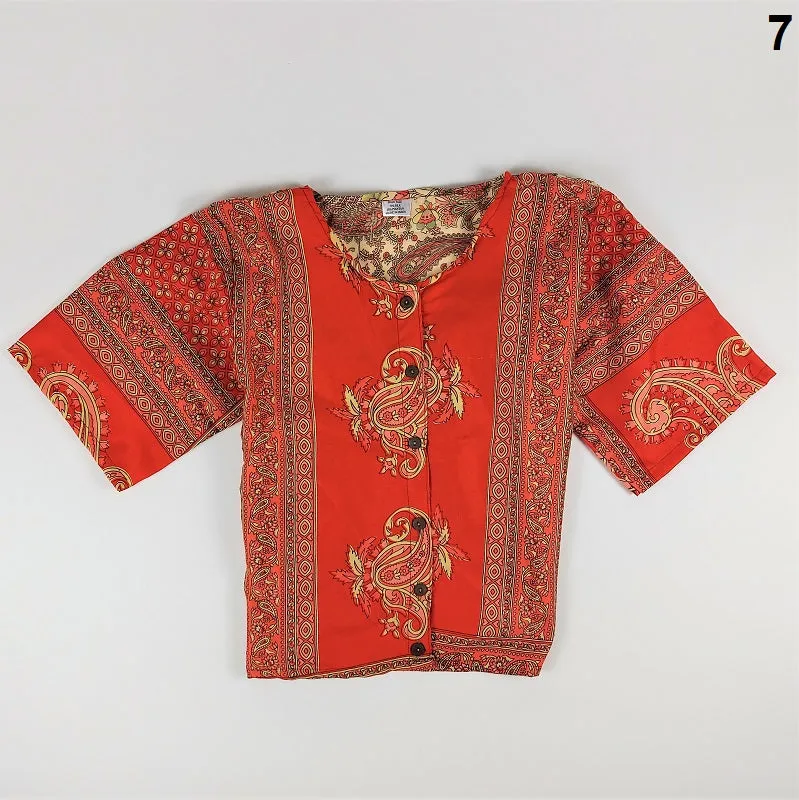 Selection of cropped summer tops with buttons in vintage saree fabrics for girls & young ladies