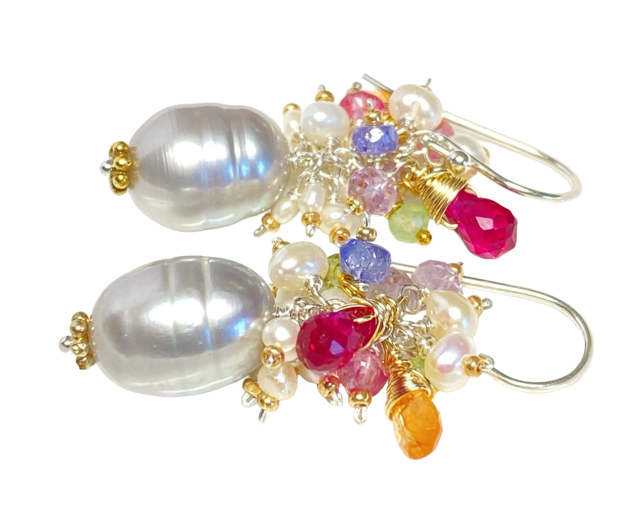 Silver Gray Platinum Baroque Pearl Gemstone Cluster Earrings Mixed Metal