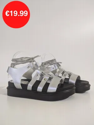 Silver Lace Up Chunky Platform Gladiator Sandals