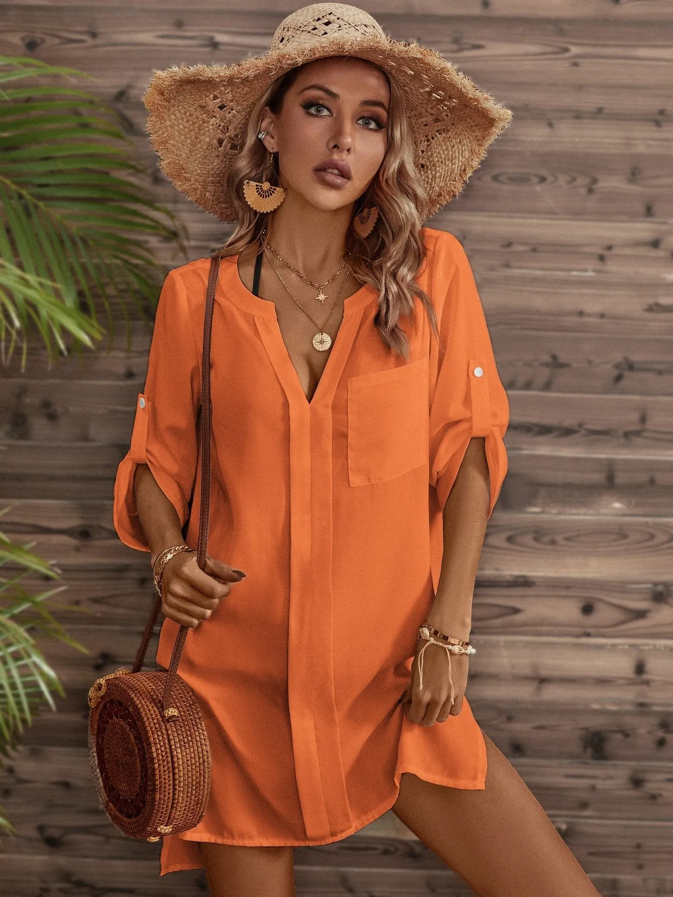 Sleeve Pocket Patched Cover Up Dress,Summer Beac