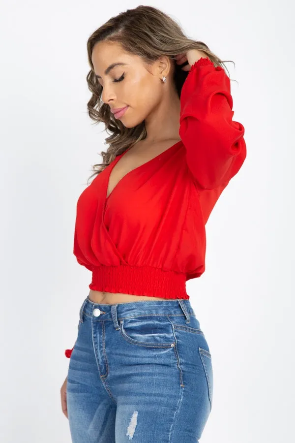 Smocked Hem Wrap Crop Top