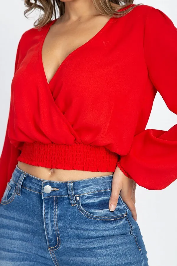 Smocked Hem Wrap Crop Top