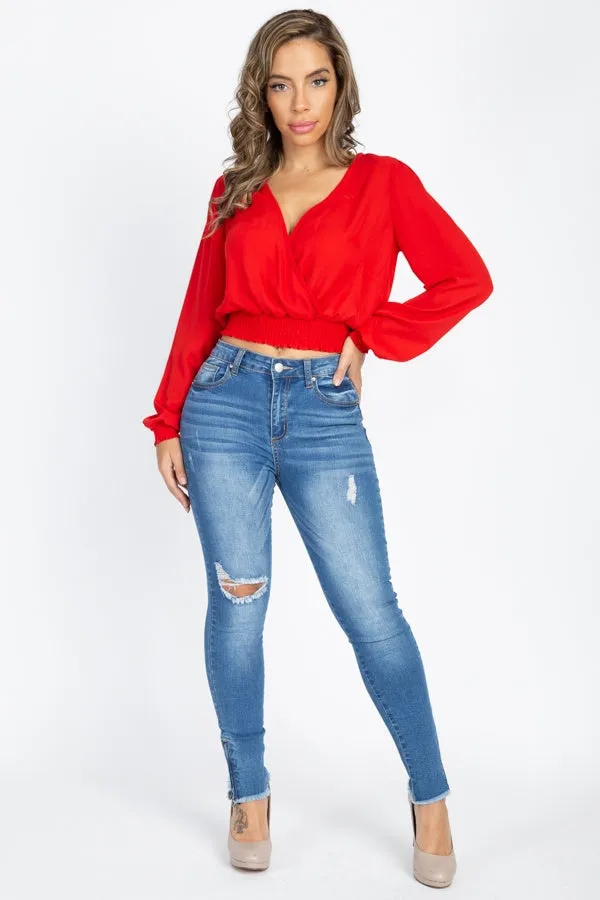 Smocked Hem Wrap Crop Top