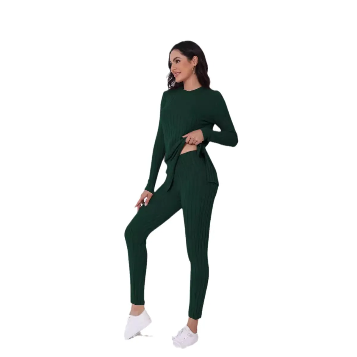 Solid Color Long-Sleeved Tops Casual Ripped Trousers Suit Wholesale Womens Clothing N3824091200013