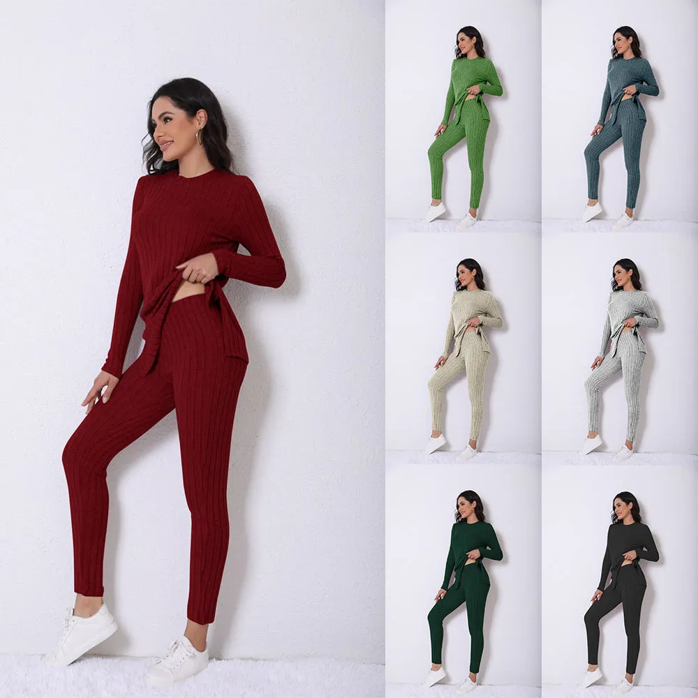 Solid Color Long-Sleeved Tops Casual Ripped Trousers Suit Wholesale Womens Clothing N3824091200013