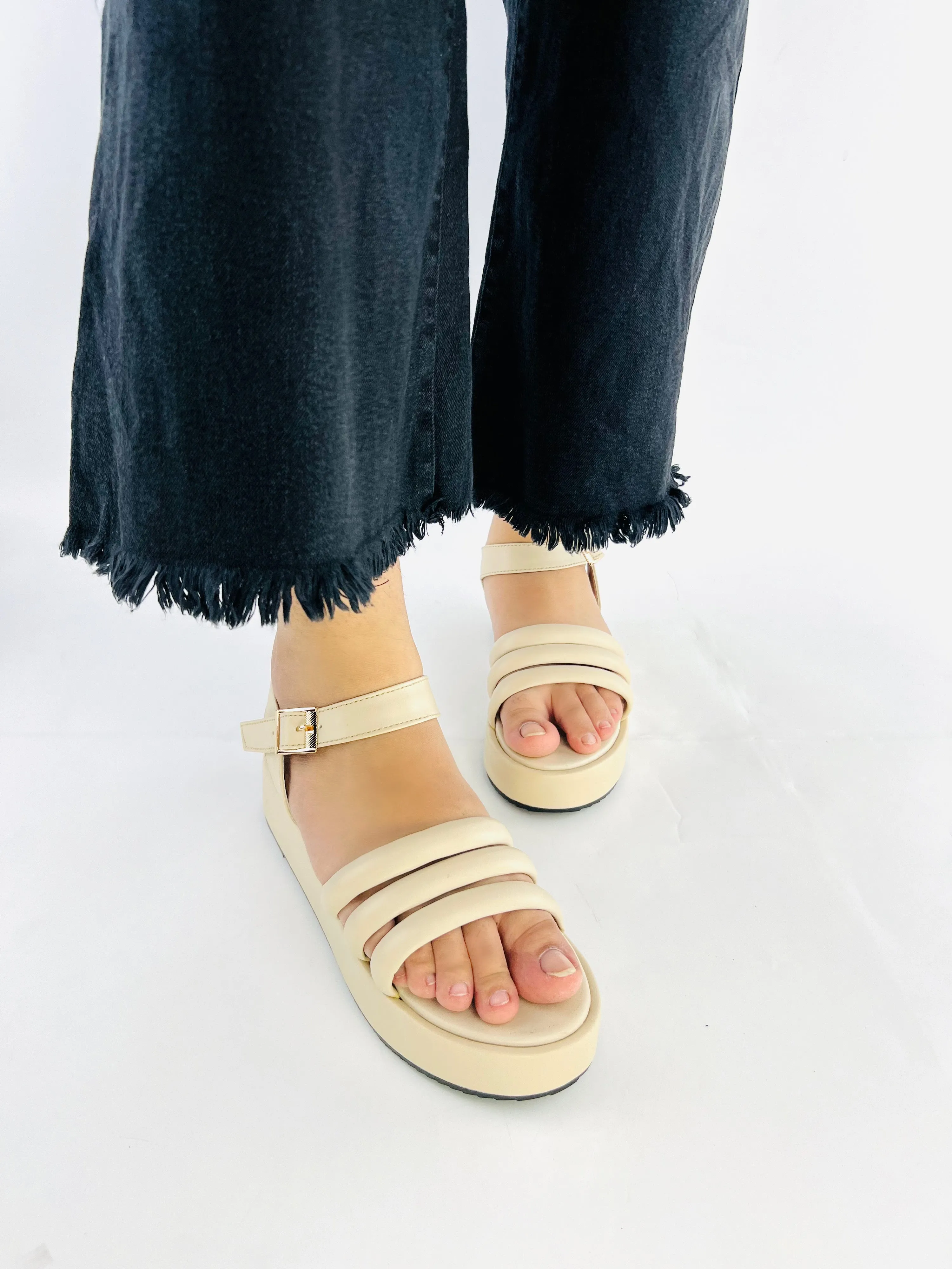 Spunkz Beige Patent Comfy Ankle Strap Platform Wedge Sandals-11027