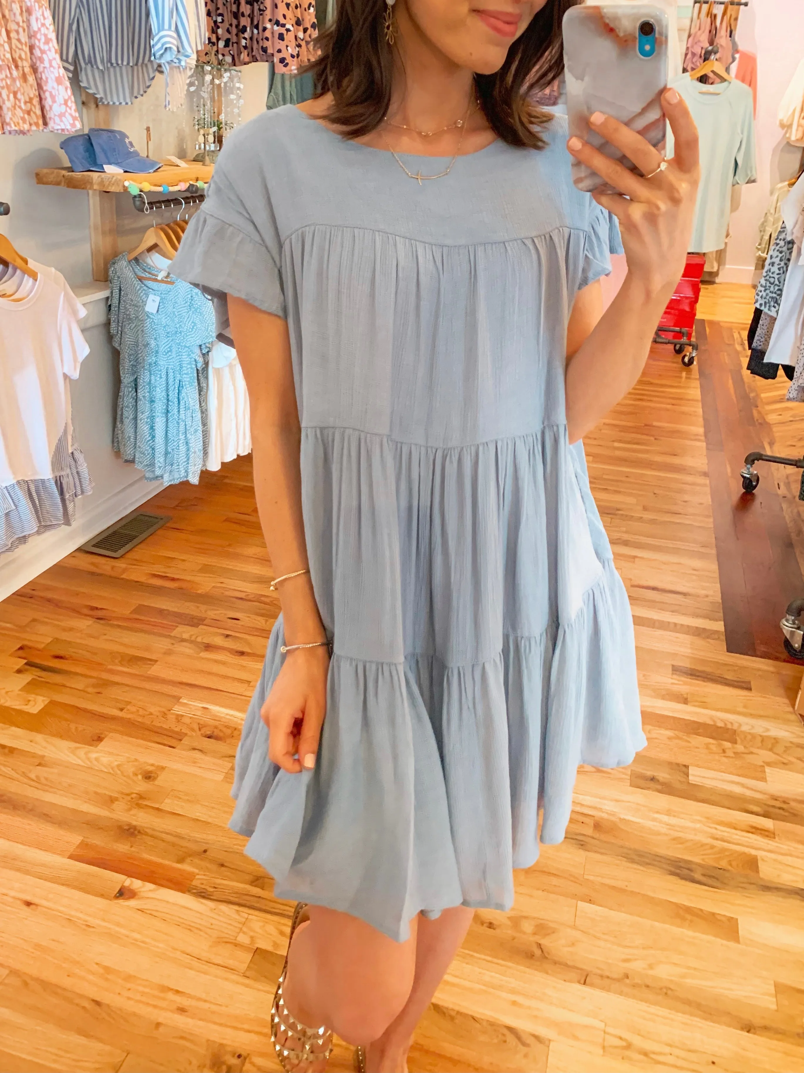 Stella Tiered Swing Dress in Chambray