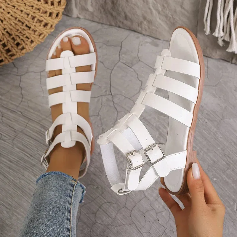 Strappy Gladiator Sandals with Buckle Closure and Flat Sole