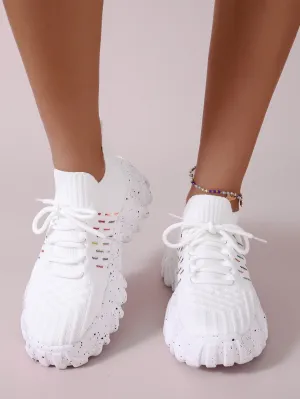 Striped Pattern Knit Detail Slip On Running Shoes - White