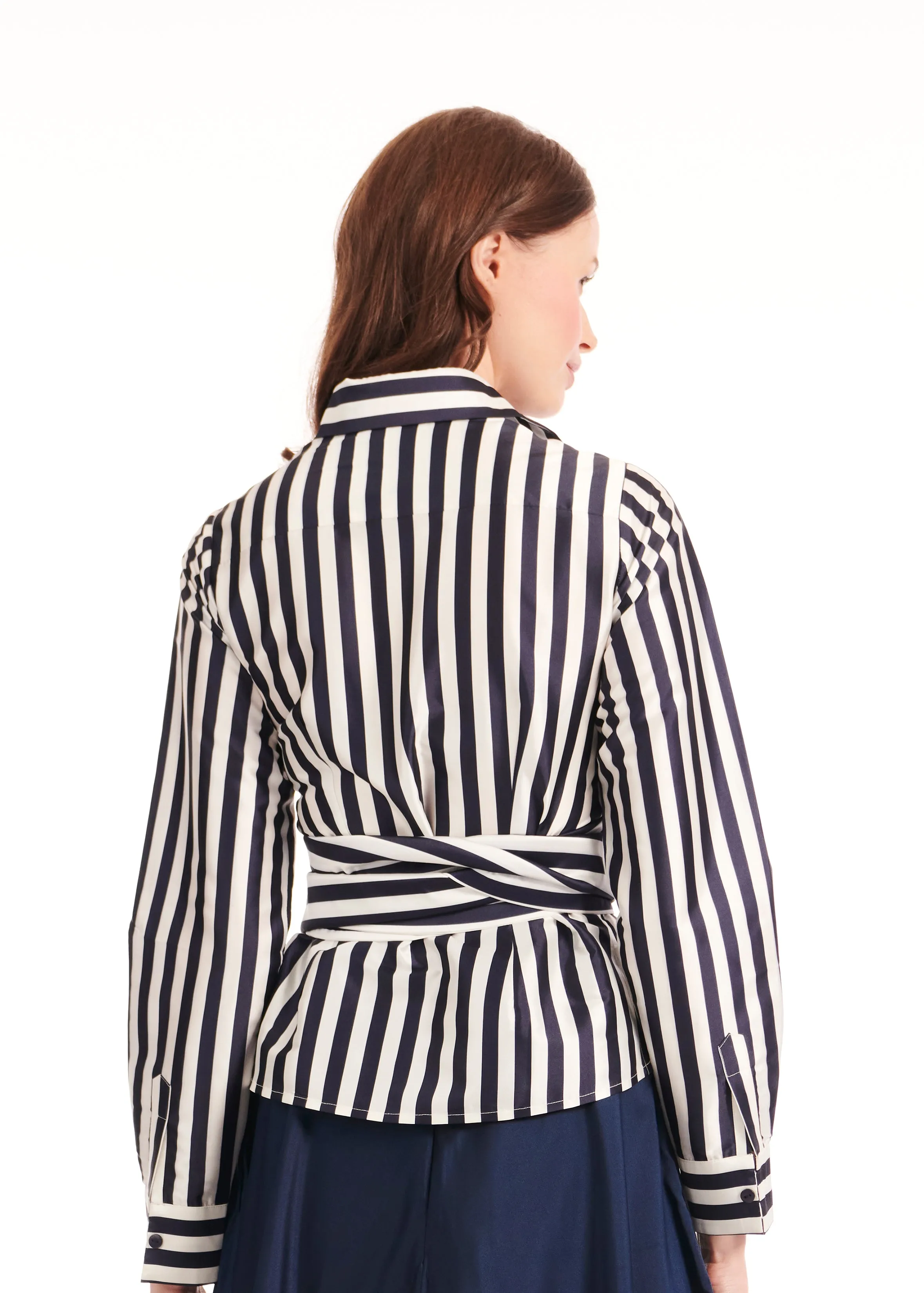 STRIPED TAFFETA DOUBLE WRAP SHIRT NAVY