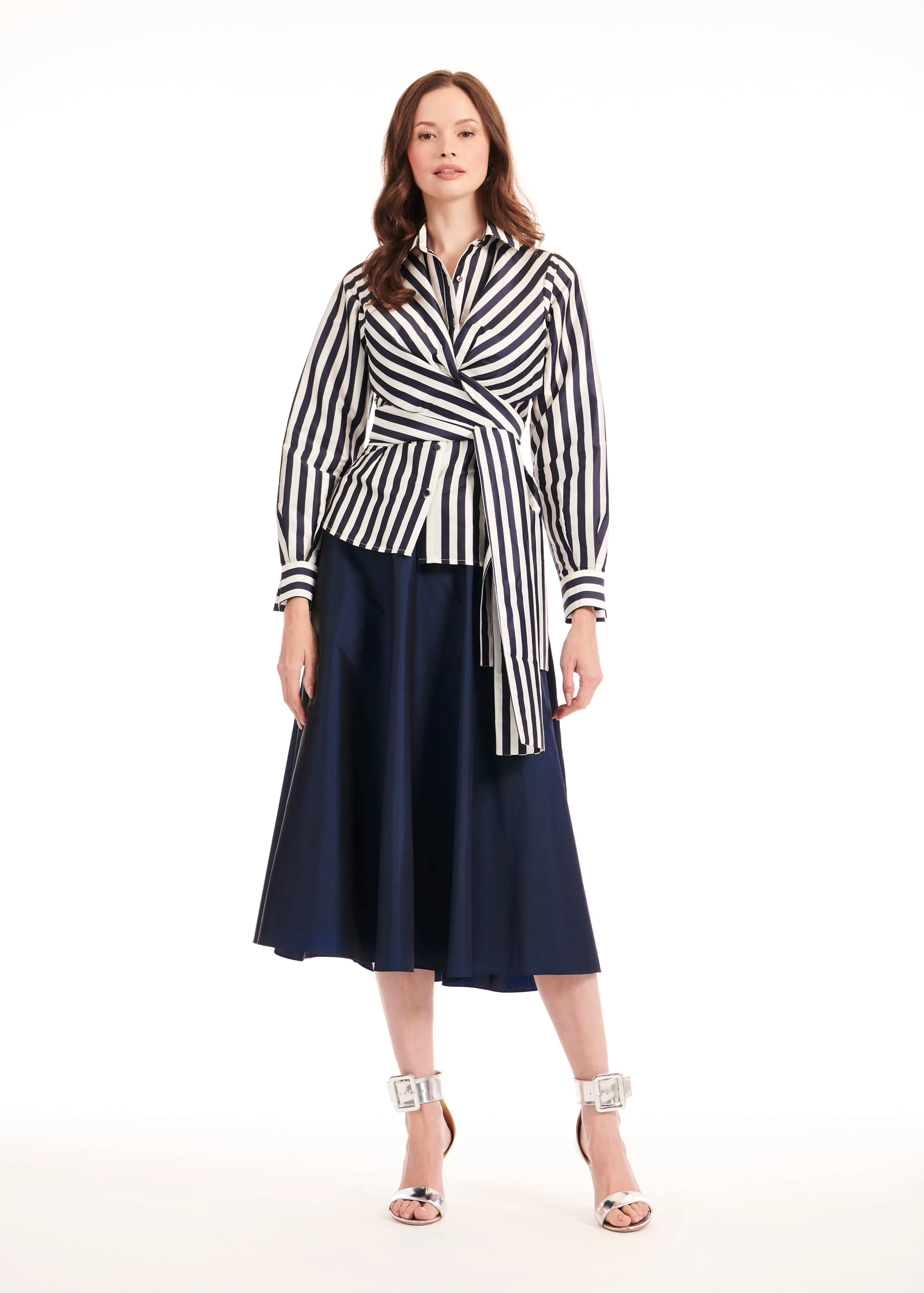 STRIPED TAFFETA DOUBLE WRAP SHIRT NAVY