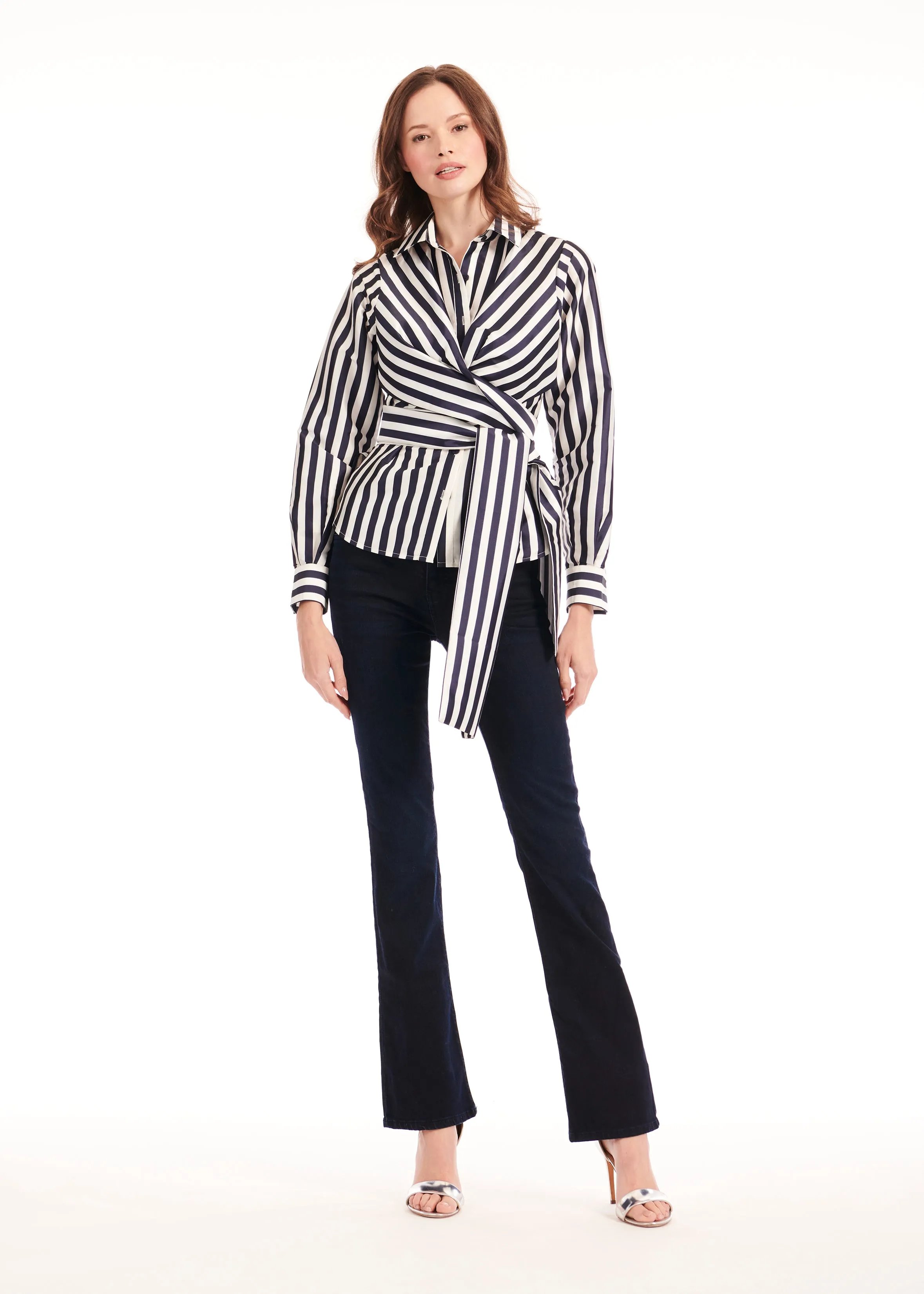 STRIPED TAFFETA DOUBLE WRAP SHIRT NAVY