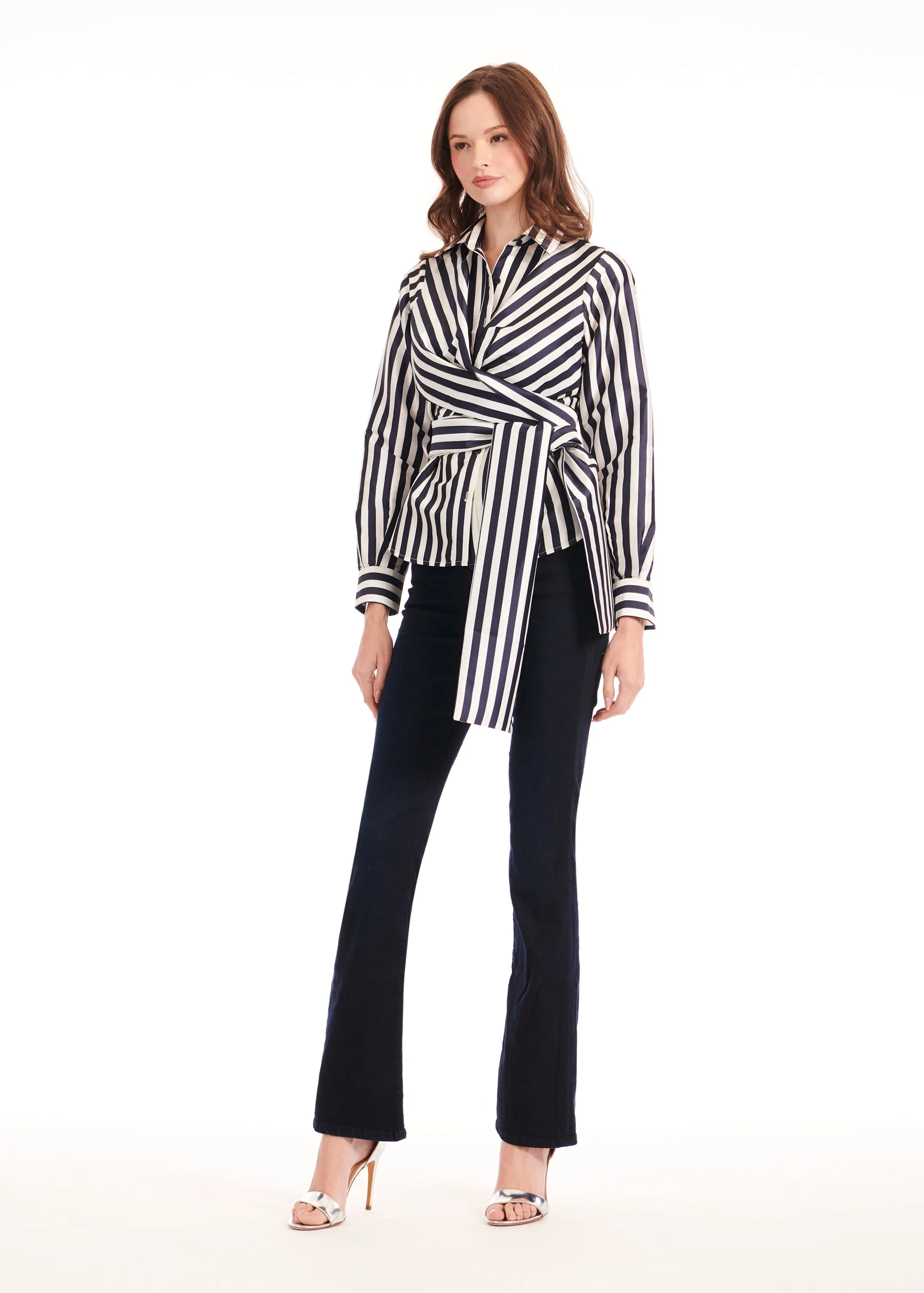 STRIPED TAFFETA DOUBLE WRAP SHIRT NAVY