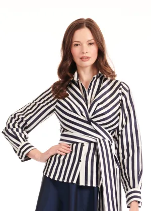 STRIPED TAFFETA DOUBLE WRAP SHIRT NAVY