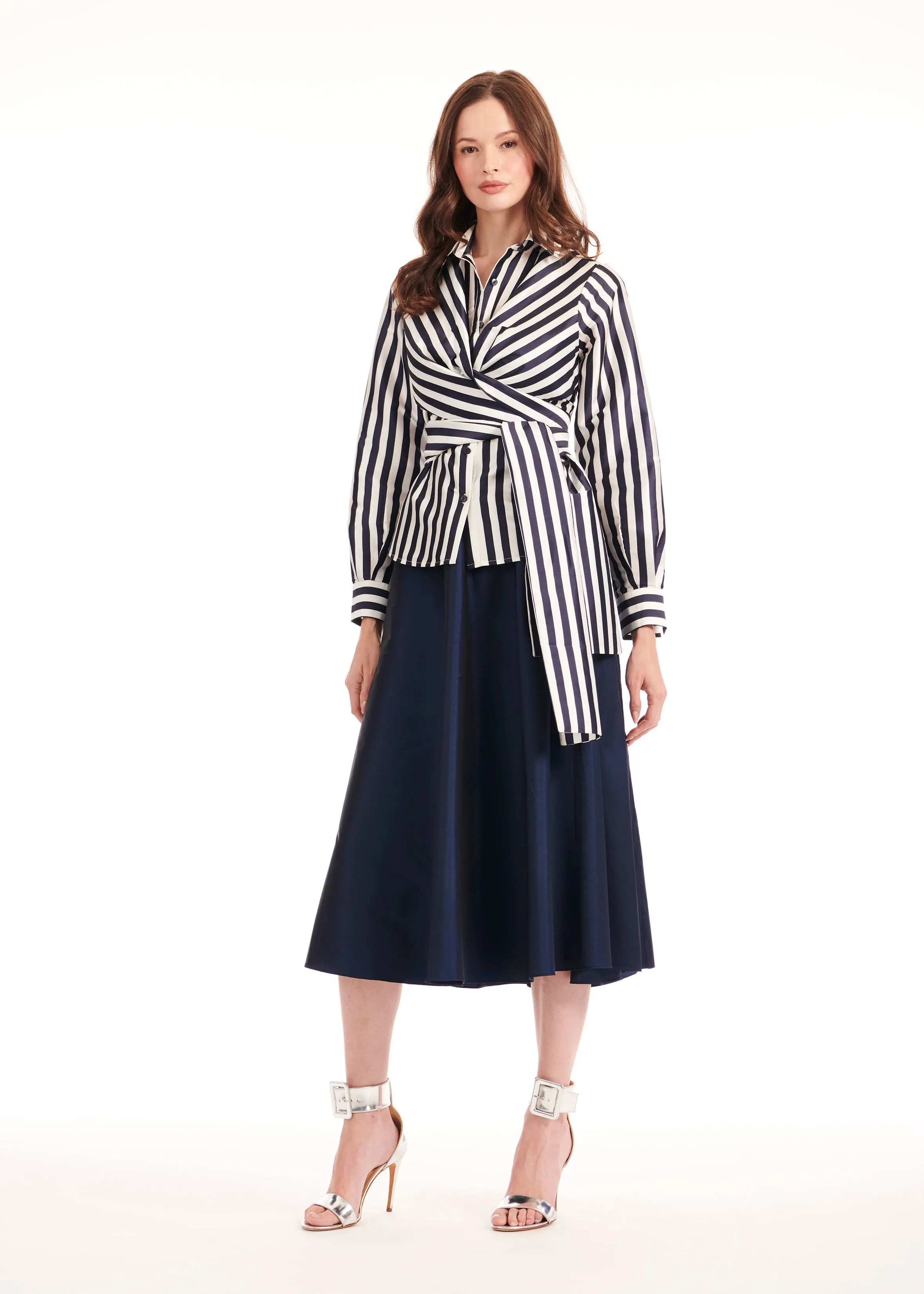 STRIPED TAFFETA DOUBLE WRAP SHIRT NAVY