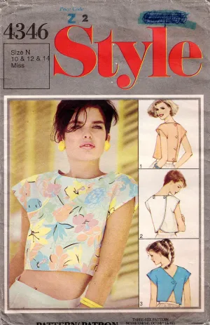 Style 4346 Women's Back Buttoned Summer Crop Tops 1980s Vintage Sewing Pattern Size 10 - 14 UNCUT Factory Folded