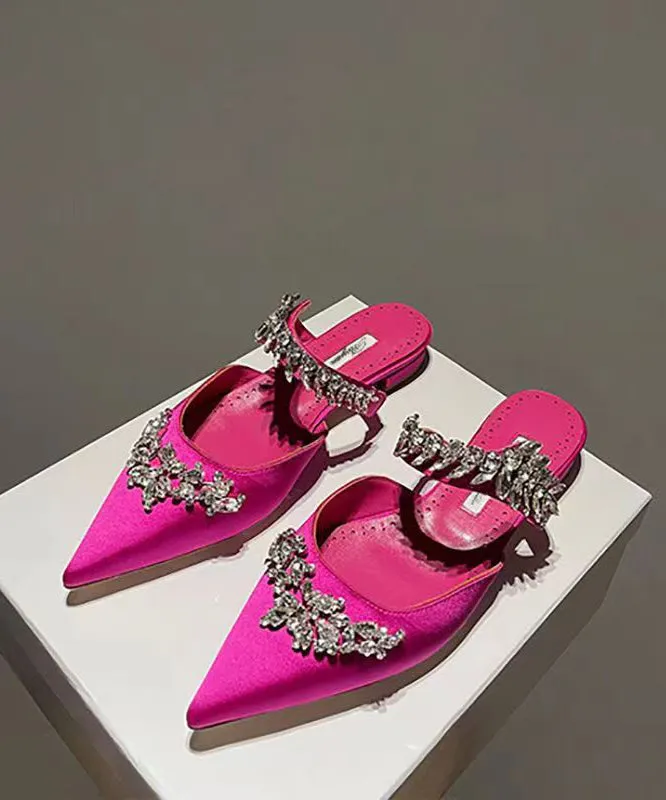 Stylish Comfortable Green Zircon Satin Flat Slide Sandals Pointed Toe