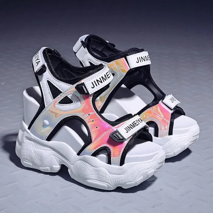 Summer Fashion Women's Sandals 11.5 CM Heels Wedge Platform Shoes Bling Leather High Heels Sandals For Women Gladiator Sneakers