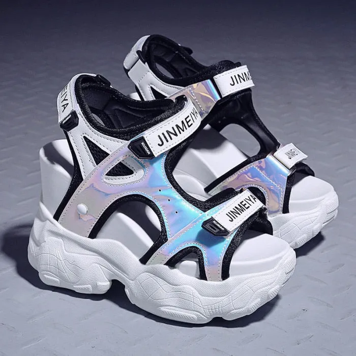 Summer Fashion Women's Sandals 11.5 CM Heels Wedge Platform Shoes Bling Leather High Heels Sandals For Women Gladiator Sneakers