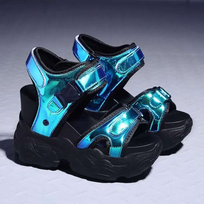 Summer Fashion Women's Sandals 11.5 CM Heels Wedge Platform Shoes Bling Leather High Heels Sandals For Women Gladiator Sneakers