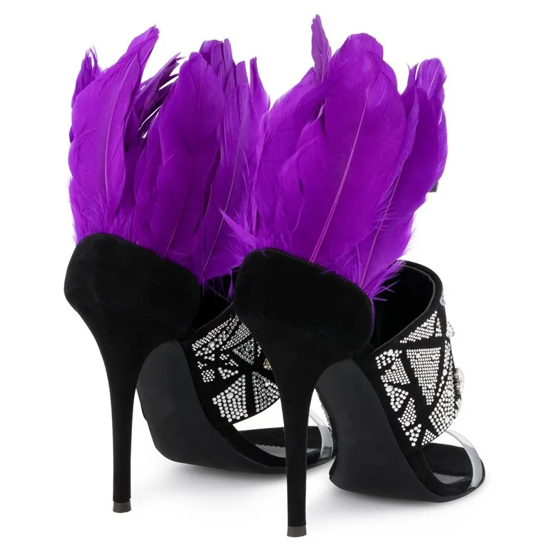Summer Glitter Rhinestone Embellished Purple Feather Sandals