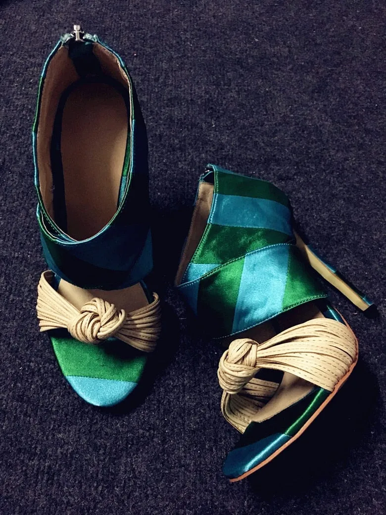 Summer Mixed Colors Striped Satin Sandals Ladies Thin Strappy