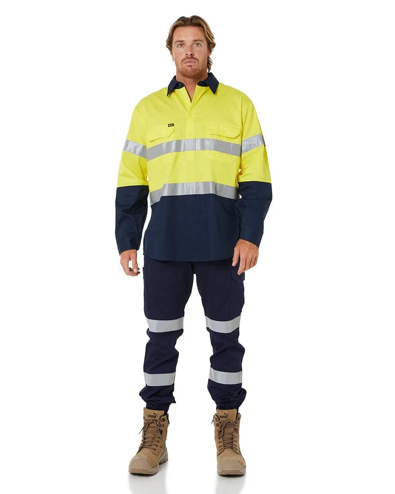 Taped Hi Vis Closed Front Lightweight LS Shirt - Yellow/Navy