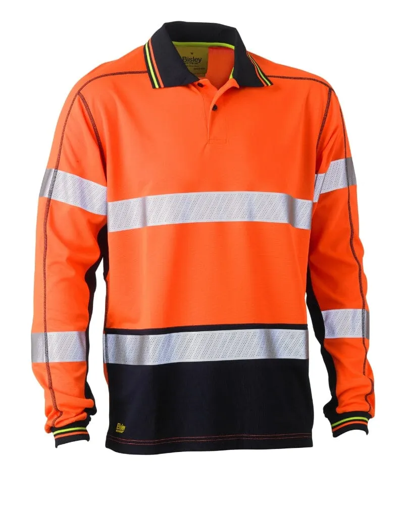 Taped Hi Vis Polyester Mesh Long Sleeve Polo - Orange/Navy