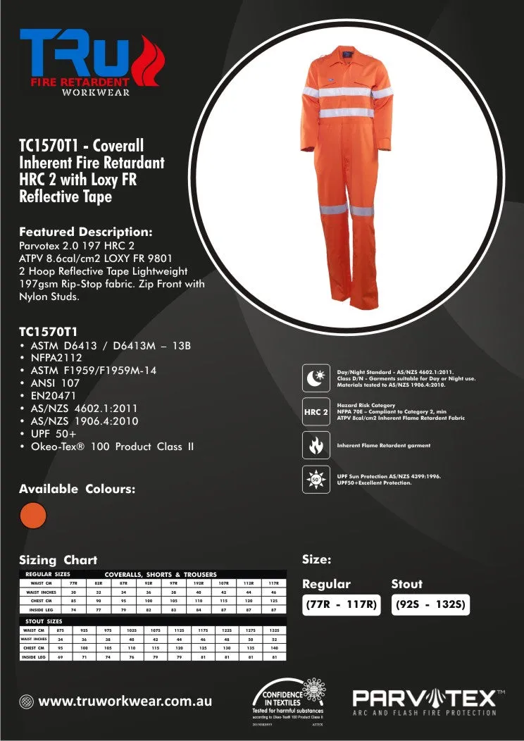 Tru Workwear - Coveralls Parvotex®Inherent Fire Retardant with Loxy®FR Reflective Tape TC1570T1