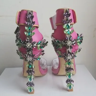 Unique PVC Transparent Colorful Crystal Summer Shoes Woman Cover Heel Ankle Strappy Locked Sandals Women