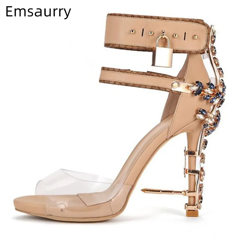 Unique PVC Transparent Colorful Crystal Summer Shoes Woman Cover Heel Ankle Strappy Locked Sandals Women