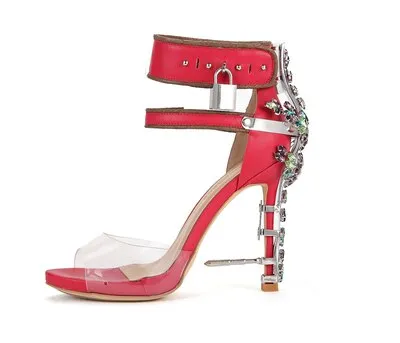 Unique PVC Transparent Colorful Crystal Summer Shoes Woman Cover Heel Ankle Strappy Locked Sandals Women