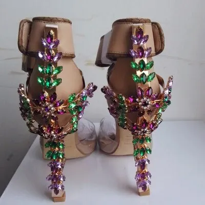 Unique PVC Transparent Colorful Crystal Summer Shoes Woman Cover Heel Ankle Strappy Locked Sandals Women