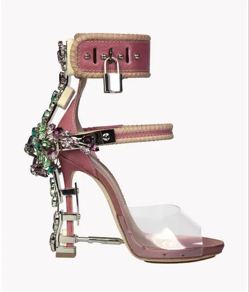 Unique PVC Transparent Colorful Crystal Summer Shoes Woman Cover Heel Ankle Strappy Locked Sandals Women