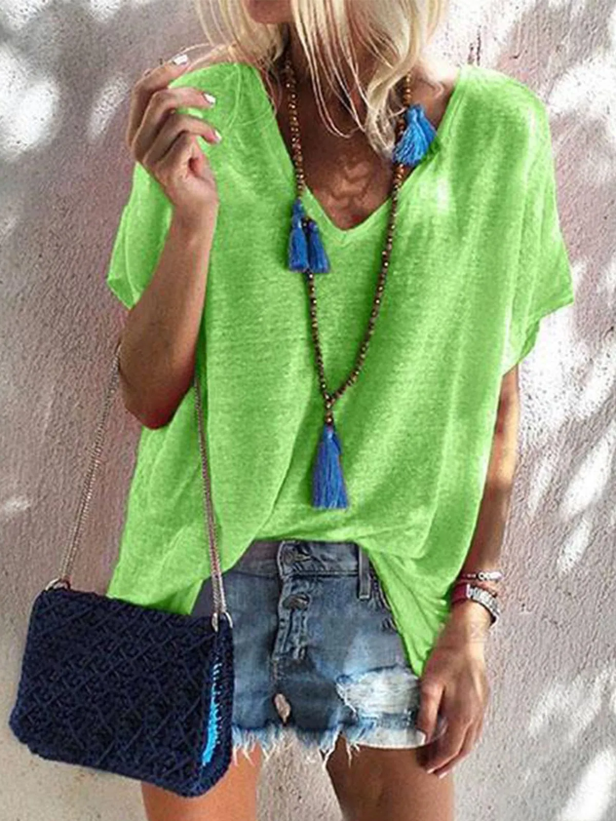 V Neck Short Sleeve Plain Shirts &amp; Tops