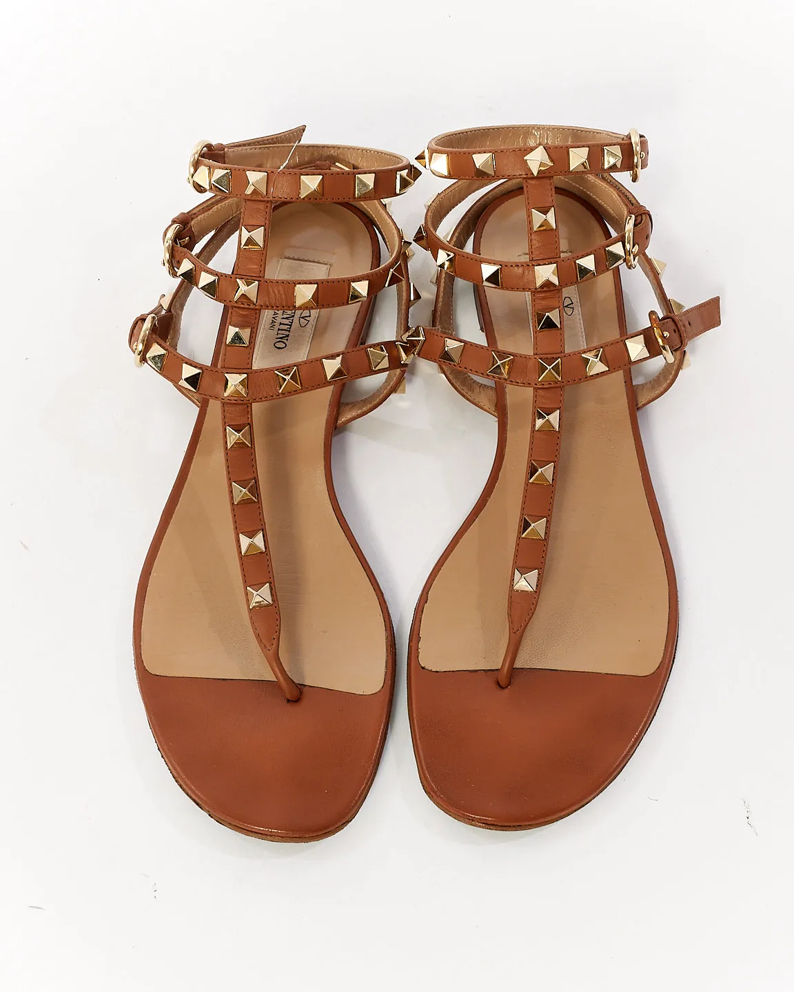 Valentino Tan Leather Rockstud Gladiator Sandals - 38