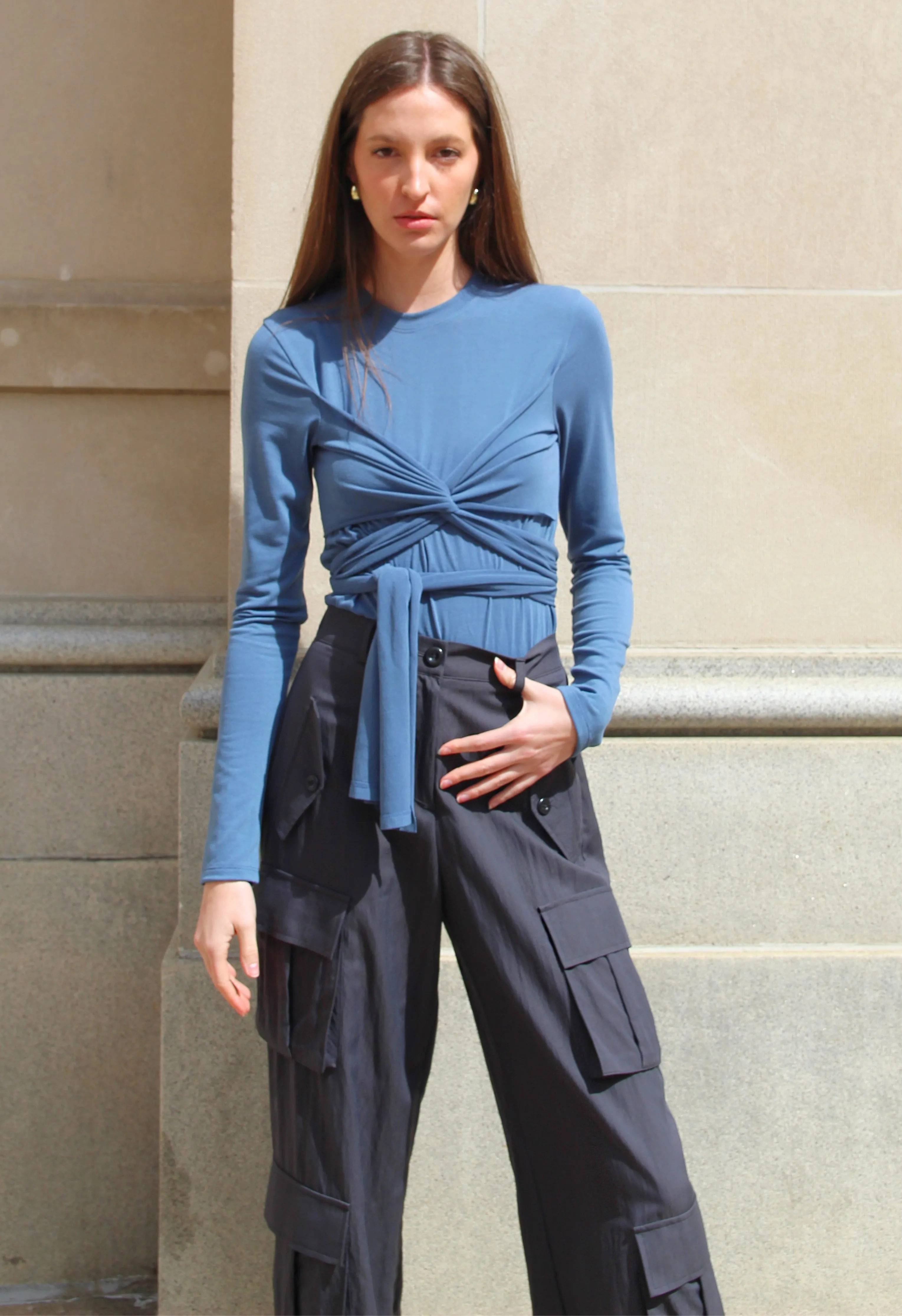 Versatile Wrap Top in Stone Blue