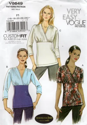 Very Easy Vogue 8649 Womens Custom Fit Wrap Bodice Stretch Tops Out Of Print Sewing Pattern Size 16 - 24 UNCUT Factory Folded