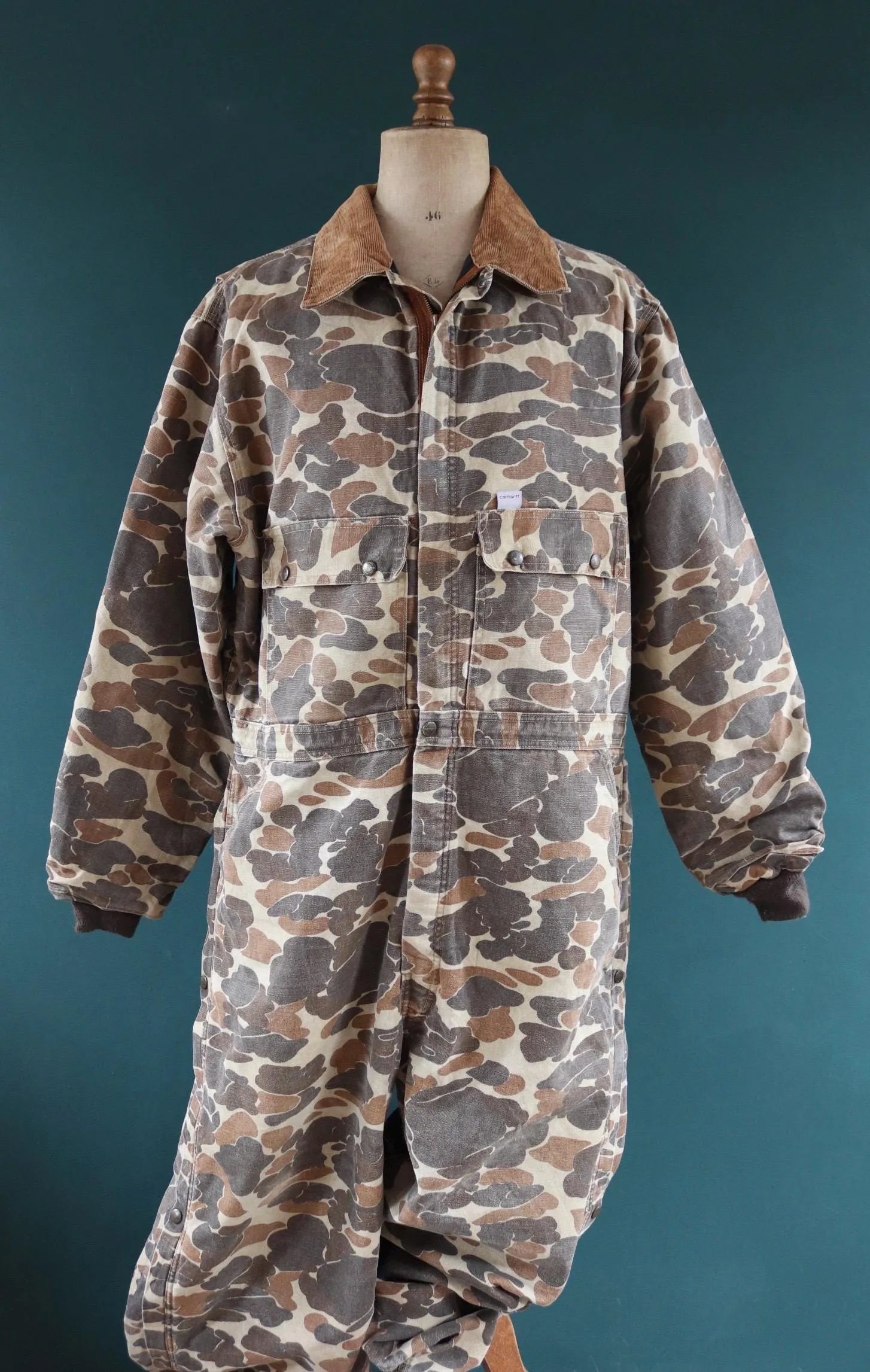 Vintage 1980s Carhartt coveralls - workwear overalls - woodland camo duck cotton - Union Made denim - 54" x 46" x 30