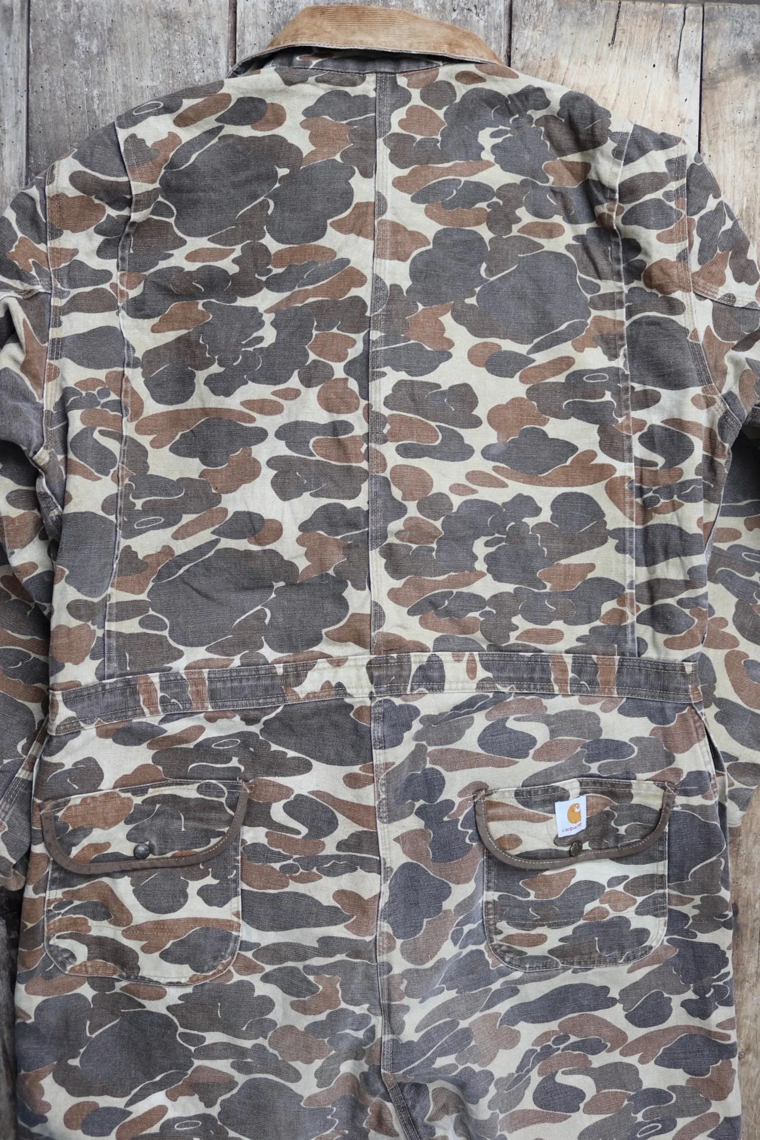 Vintage 1980s Carhartt coveralls - workwear overalls - woodland camo duck cotton - Union Made denim - 54" x 46" x 30
