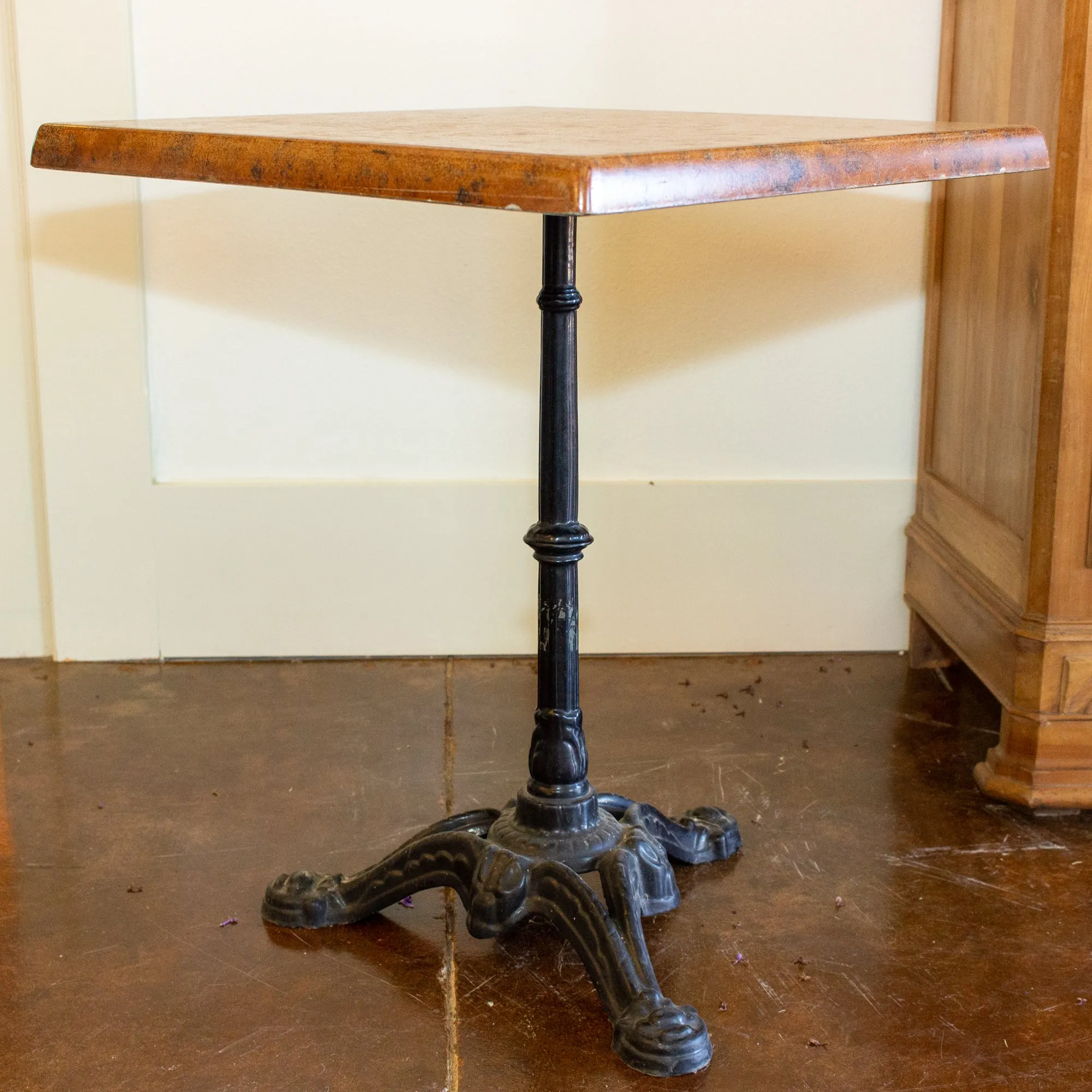 Vintage French Iron Base Bistro Tables with Square Fiberglass Faux "Stone" Top