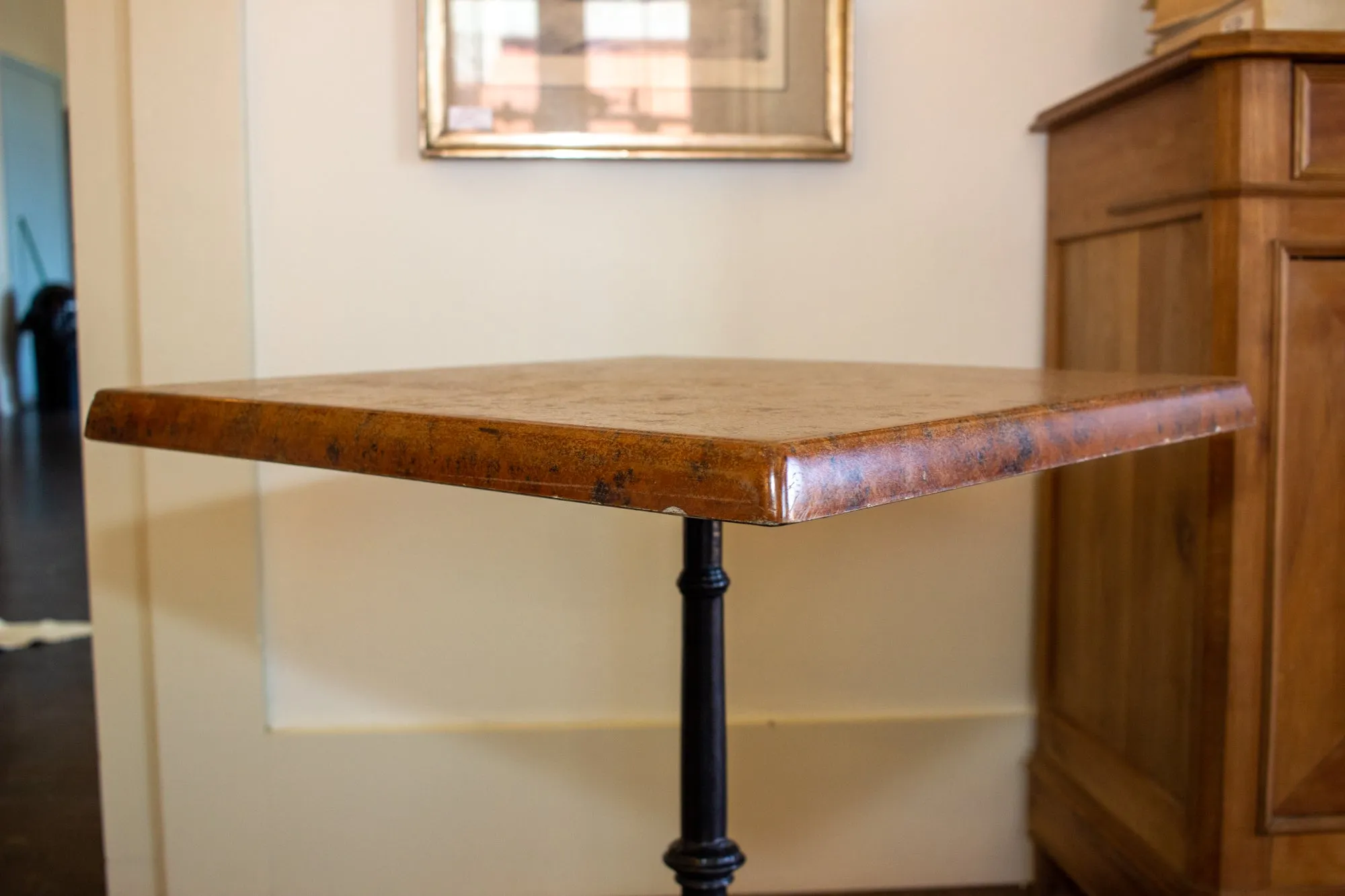 Vintage French Iron Base Bistro Tables with Square Fiberglass Faux "Stone" Top
