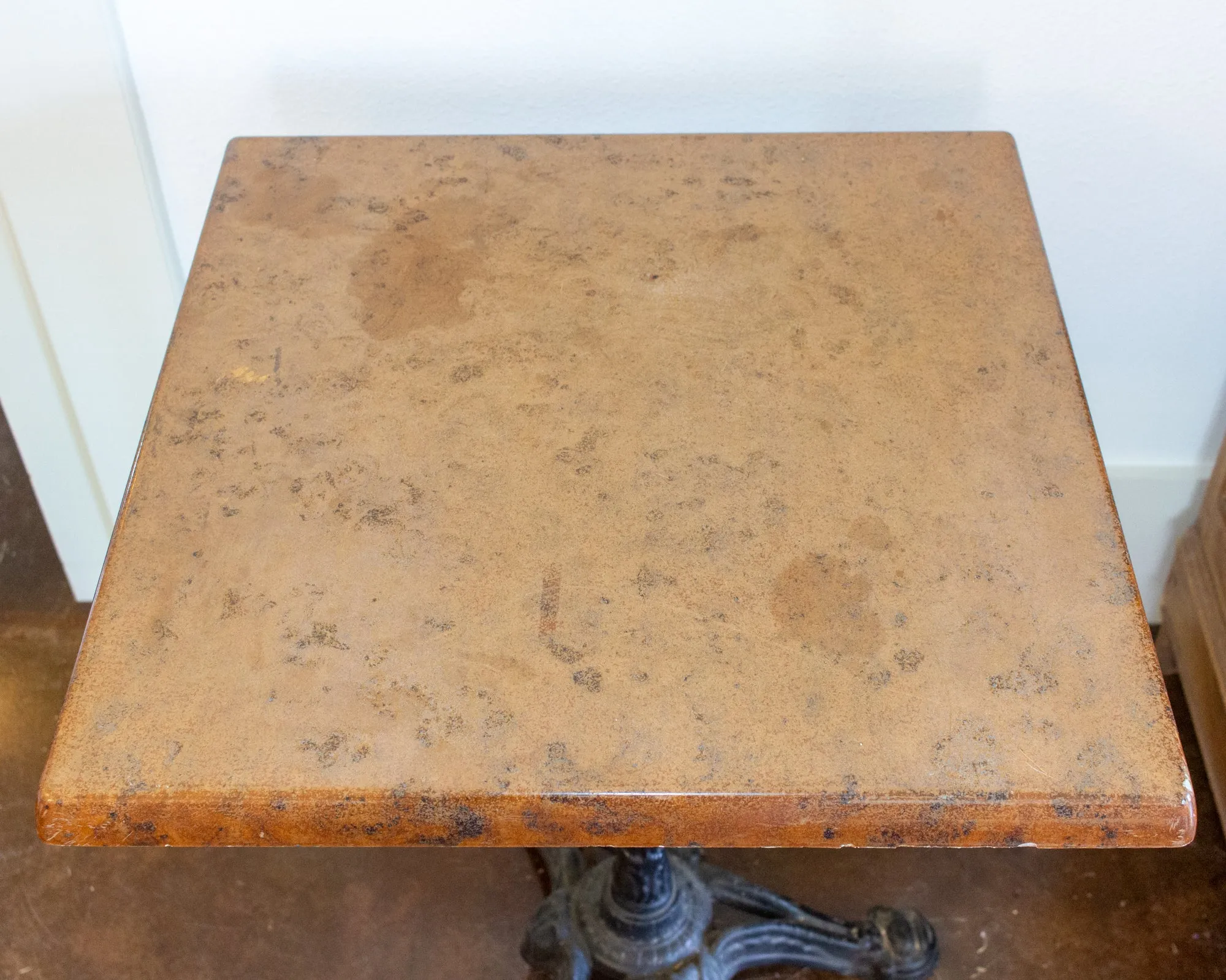 Vintage French Iron Base Bistro Tables with Square Fiberglass Faux "Stone" Top