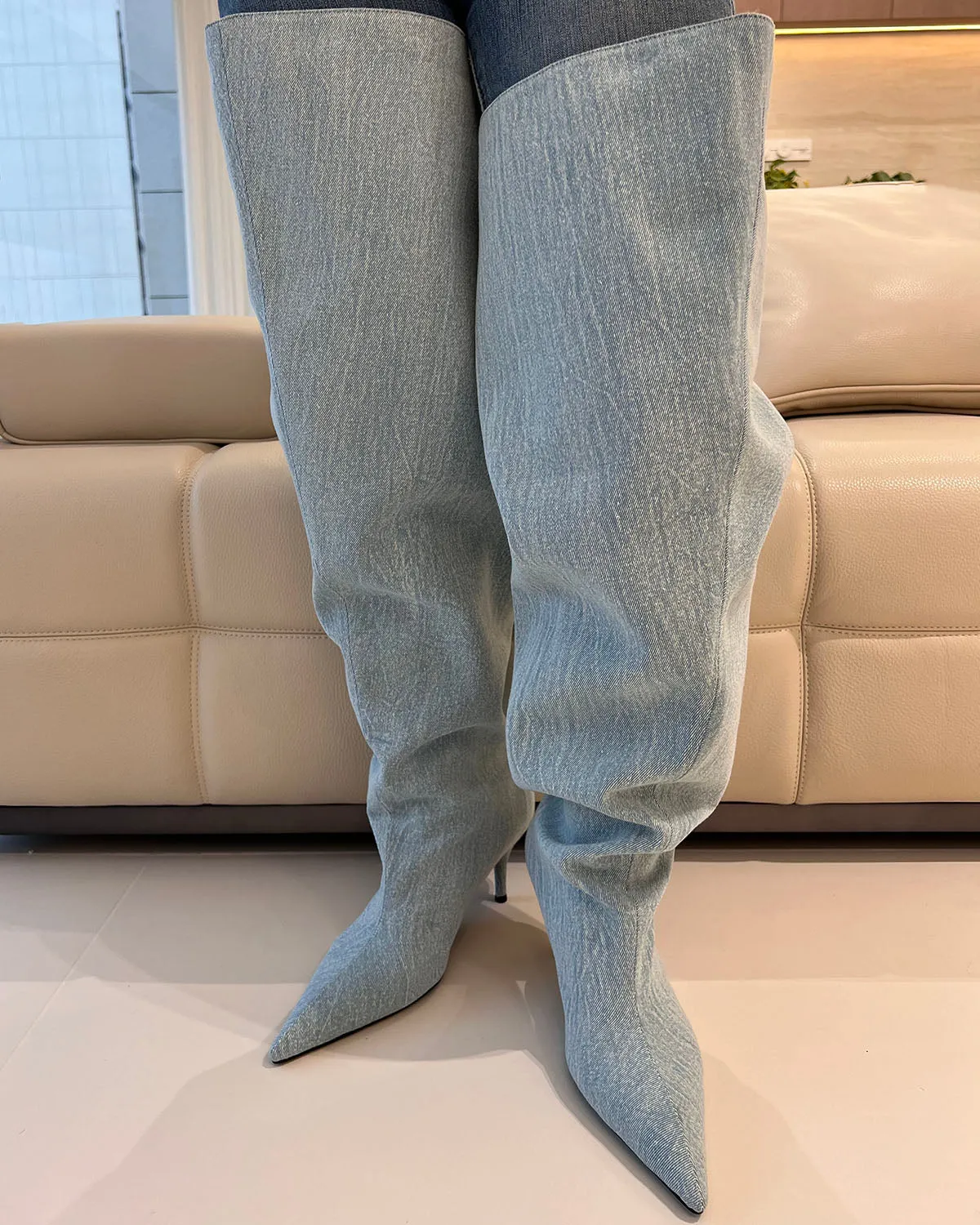 Wash denim thigh high wide calf boots for women