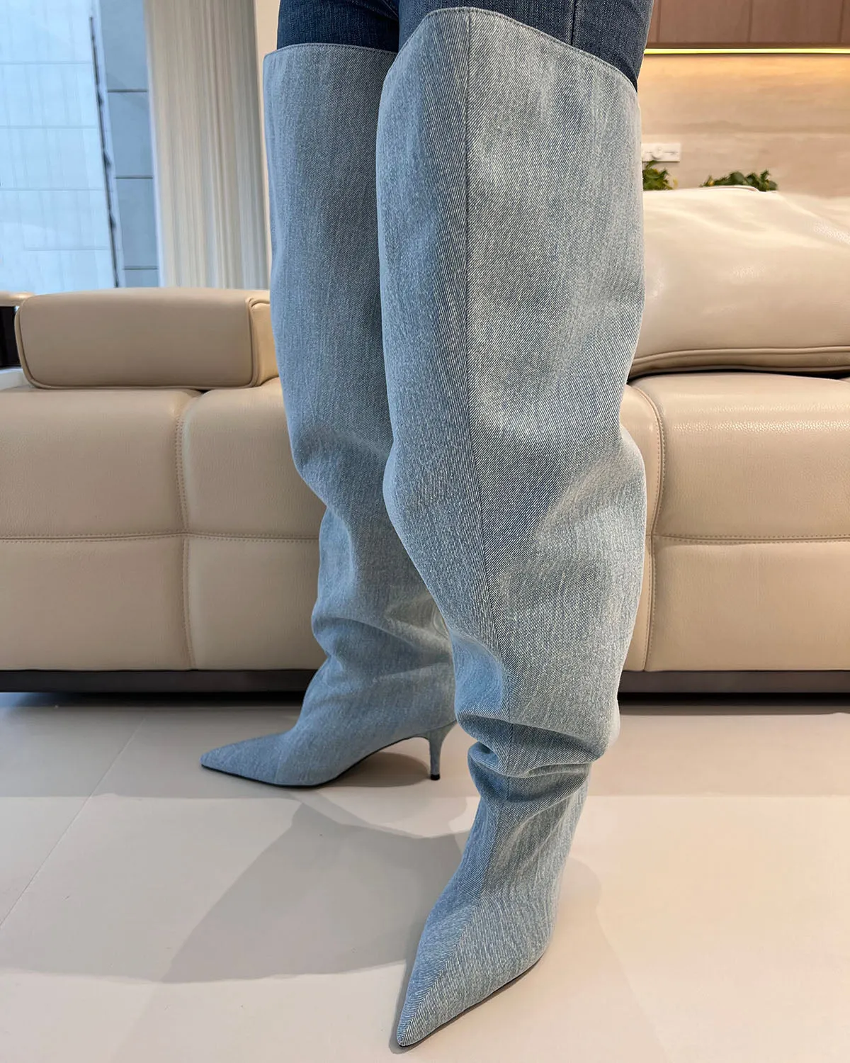 Wash denim thigh high wide calf boots for women