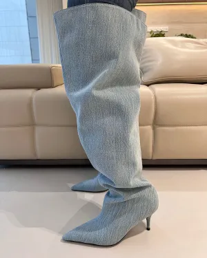 Wash denim thigh high wide calf boots for women