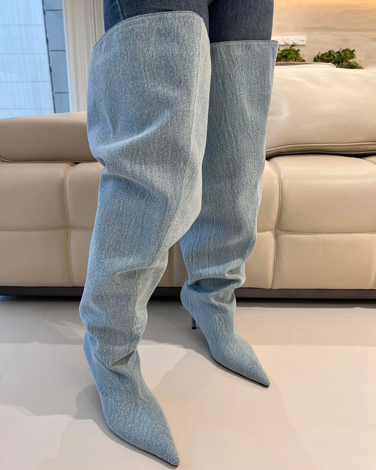 Wash denim thigh high wide calf boots for women