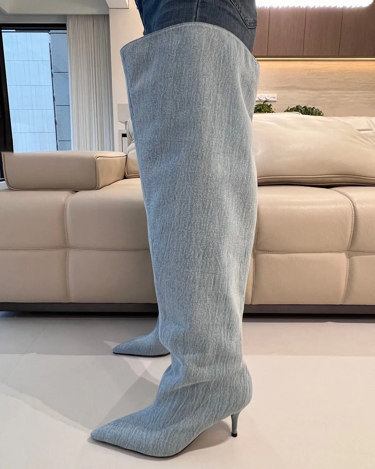 Wash denim thigh high wide calf boots for women